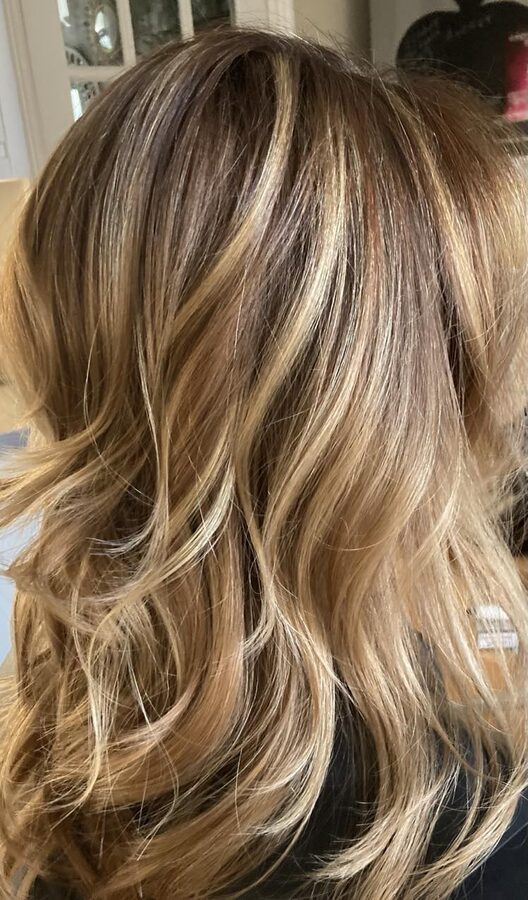 Caramel balayage with foil highlights by Sharon