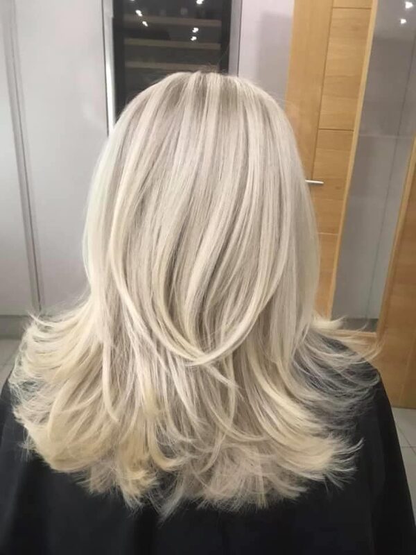 Silver-blonde layered colour and style by Sharon